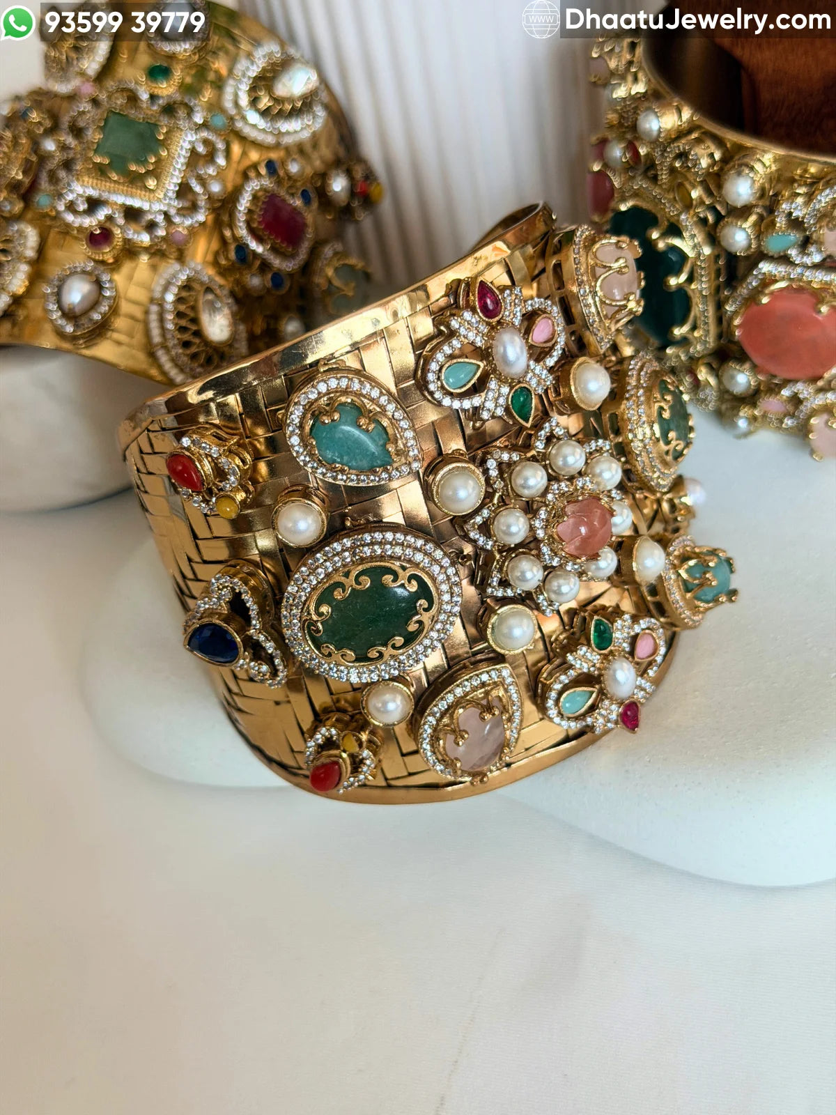 Sabyasachi Inspired Wide Brass Cuff Bracelet with Multicolored Doublet Stones & Gold Plating – Royal Statement Kada