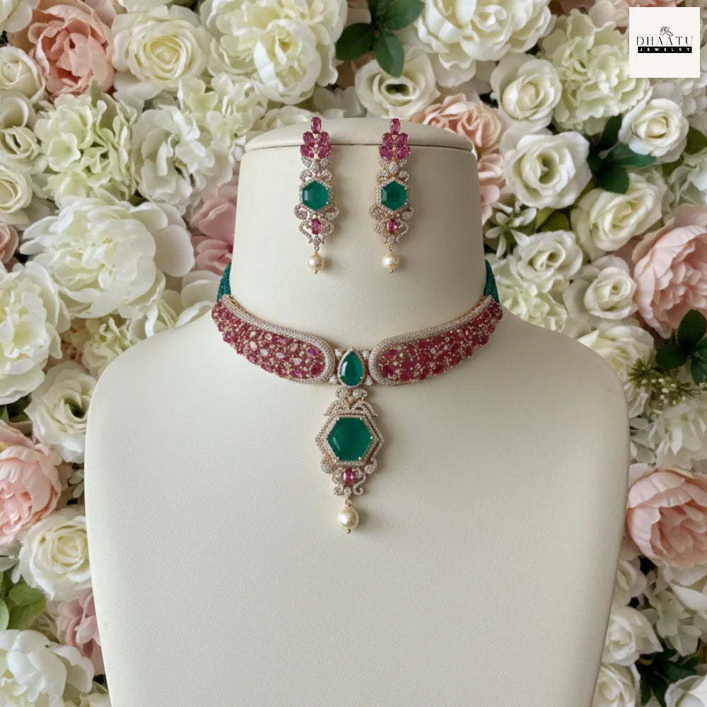 Emerald & Pink Tourmaline Victorian Choker Set with Hexagonal Pendant and Drop Earrings