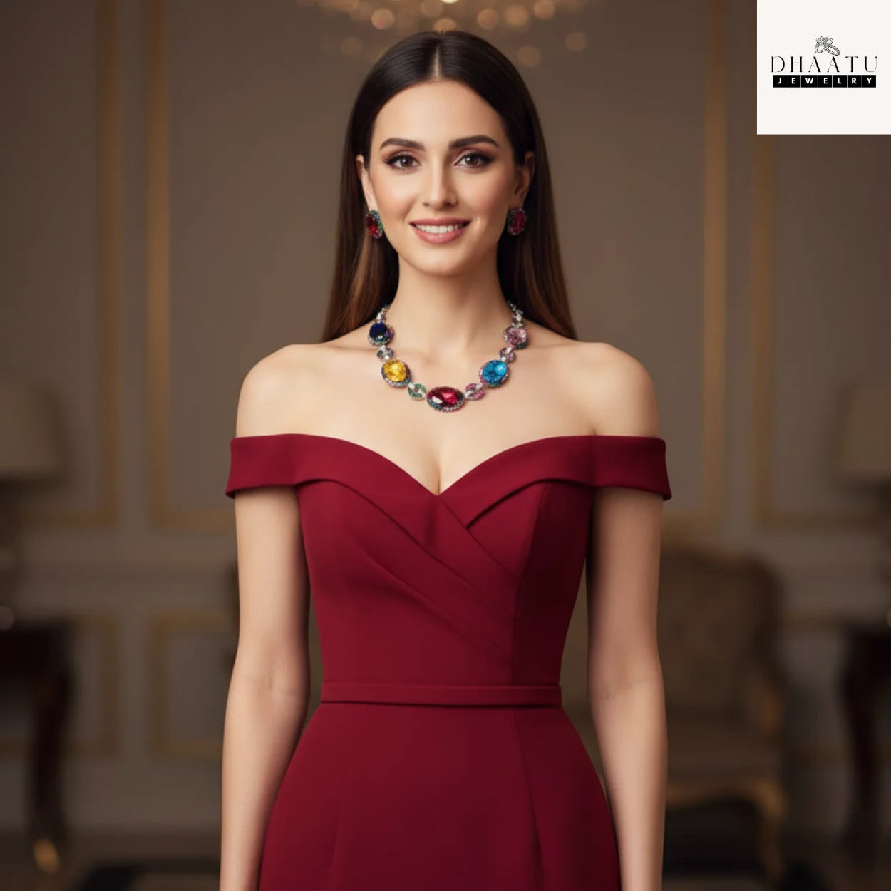 Fire & Ice Multi-Color Gemstone Necklace & Stud Earrings Set | Artificial Diamond & Colorful Stone Jewelry