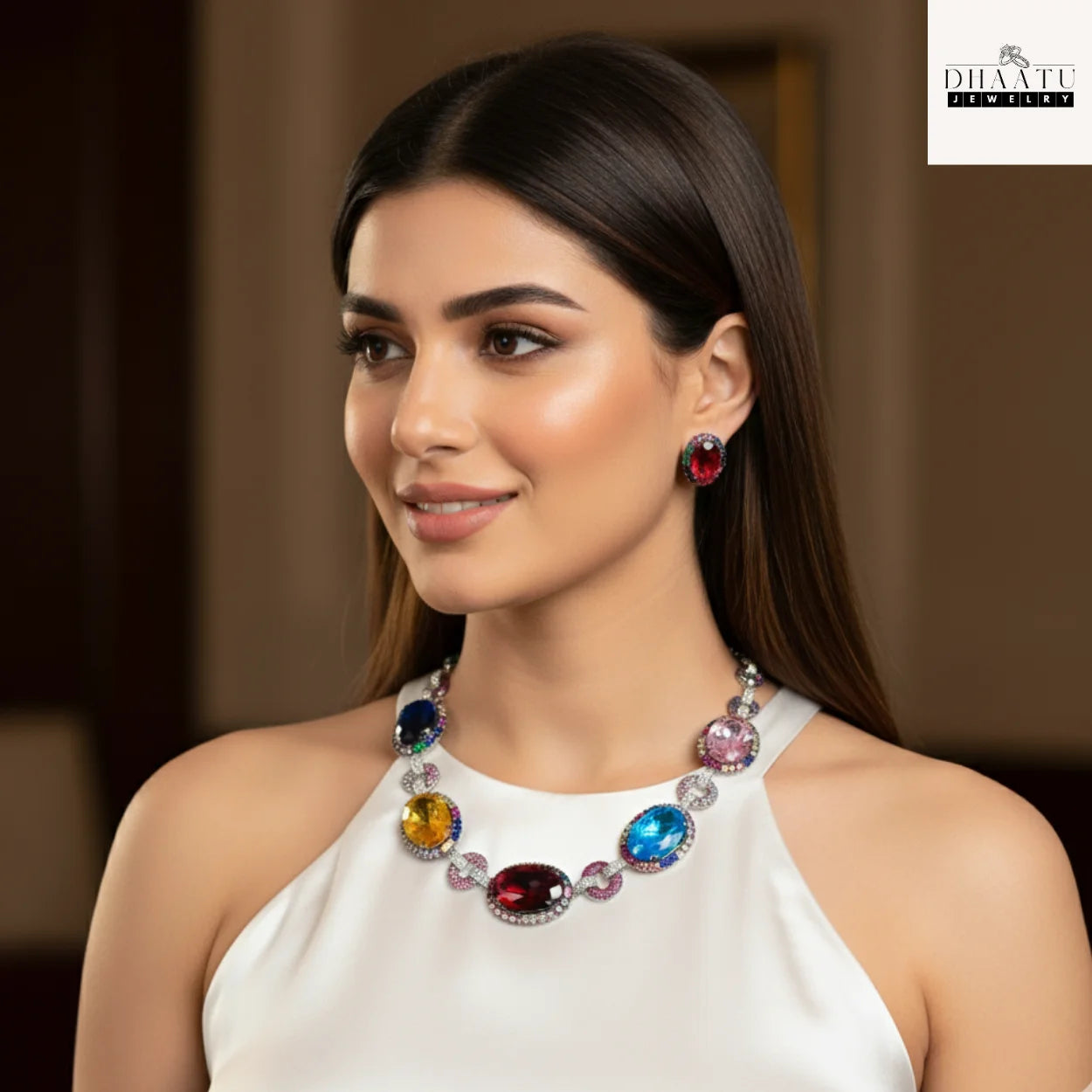 Fire & Ice Multi-Color Gemstone Necklace & Stud Earrings Set | Artificial Diamond & Colorful Stone Jewelry