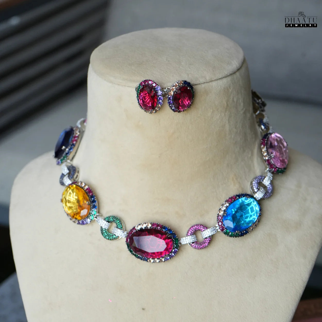 Fire & Ice Multi-Color Gemstone Necklace & Stud Earrings Set | Artificial Diamond & Colorful Stone Jewelry