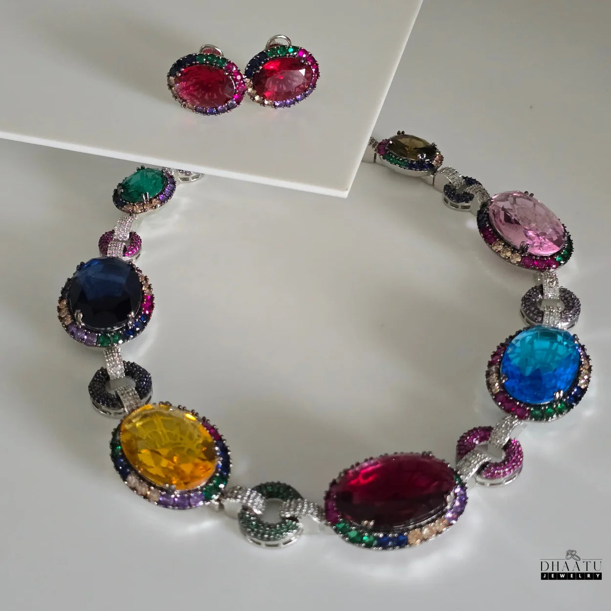 Fire & Ice Multi-Color Gemstone Necklace & Stud Earrings Set | Artificial Diamond & Colorful Stone Jewelry