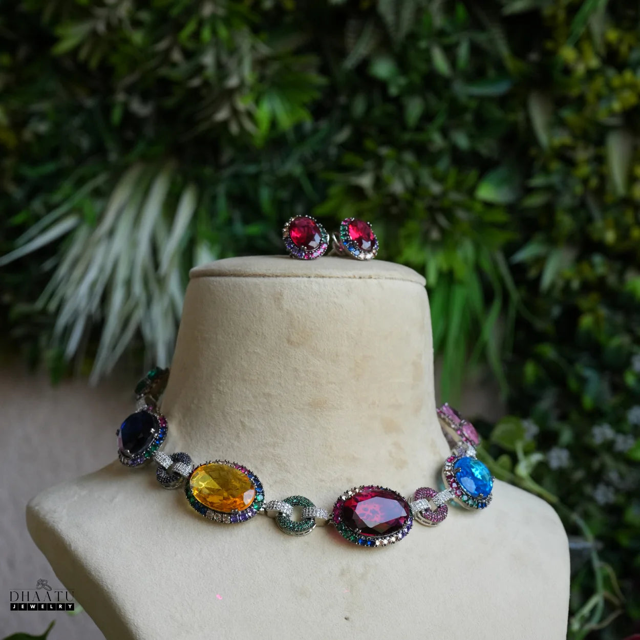 Fire & Ice Multi-Color Gemstone Necklace & Stud Earrings Set | Artificial Diamond & Colorful Stone Jewelry