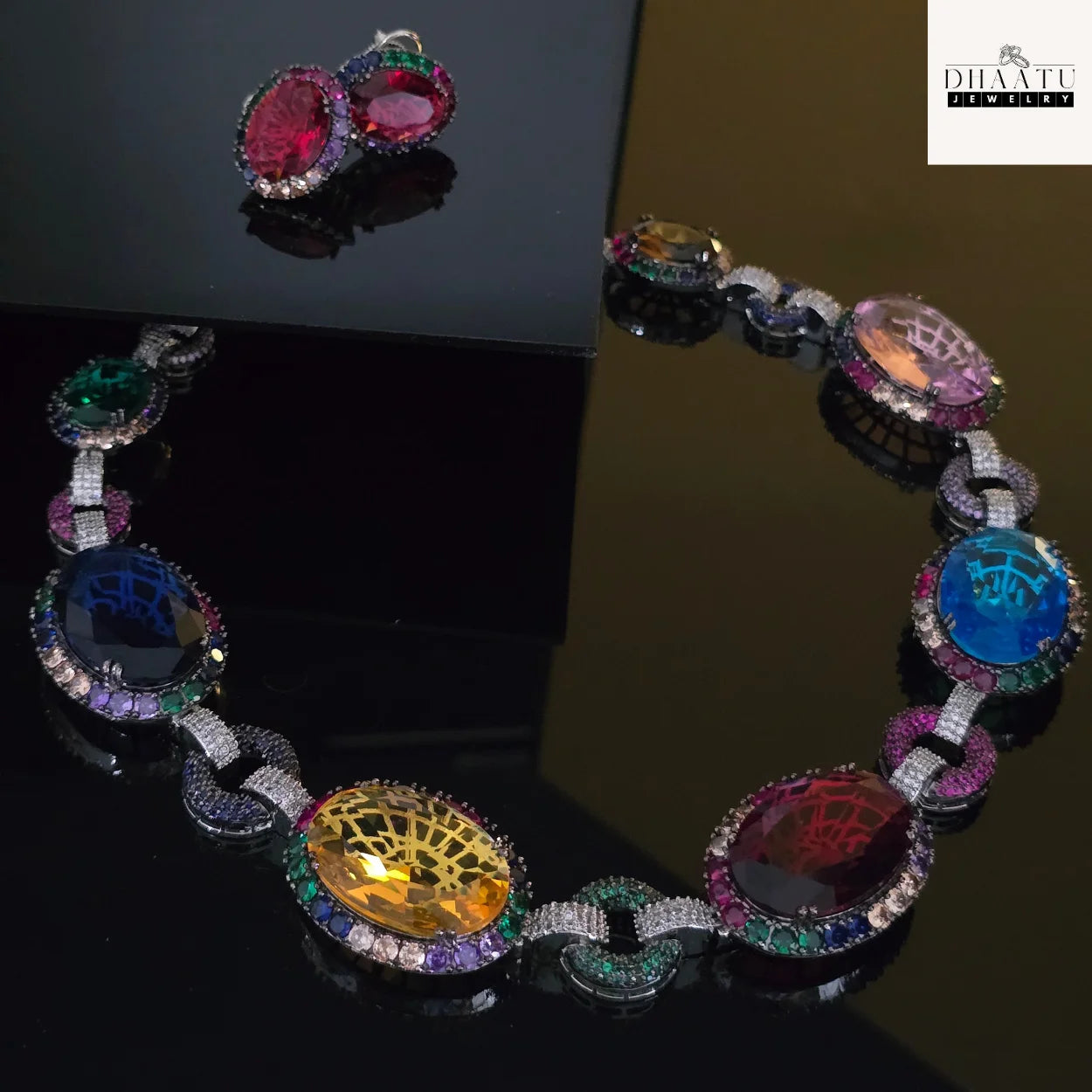 Fire & Ice Multi-Color Gemstone Necklace & Stud Earrings Set | Artificial Diamond & Colorful Stone Jewelry