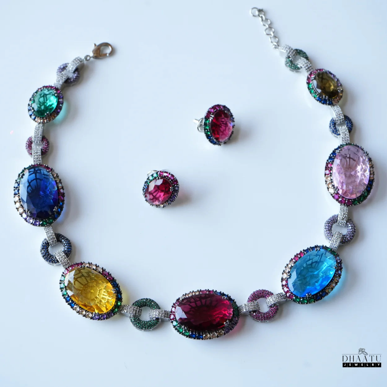 Fire & Ice Multi-Color Gemstone Necklace & Stud Earrings Set | Artificial Diamond & Colorful Stone Jewelry