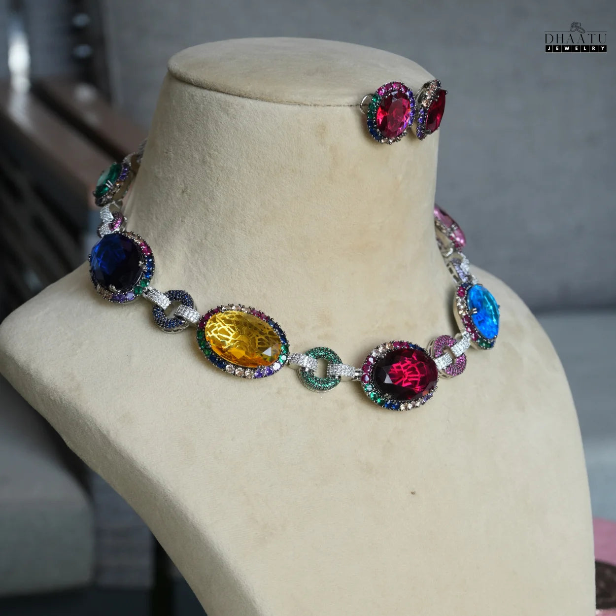 Fire & Ice Multi-Color Gemstone Necklace & Stud Earrings Set | Artificial Diamond & Colorful Stone Jewelry
