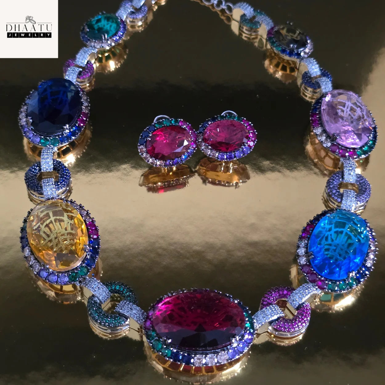 Fire & Ice Multi-Color Gemstone Necklace & Stud Earrings Set | Artificial Diamond & Colorful Stone Jewelry