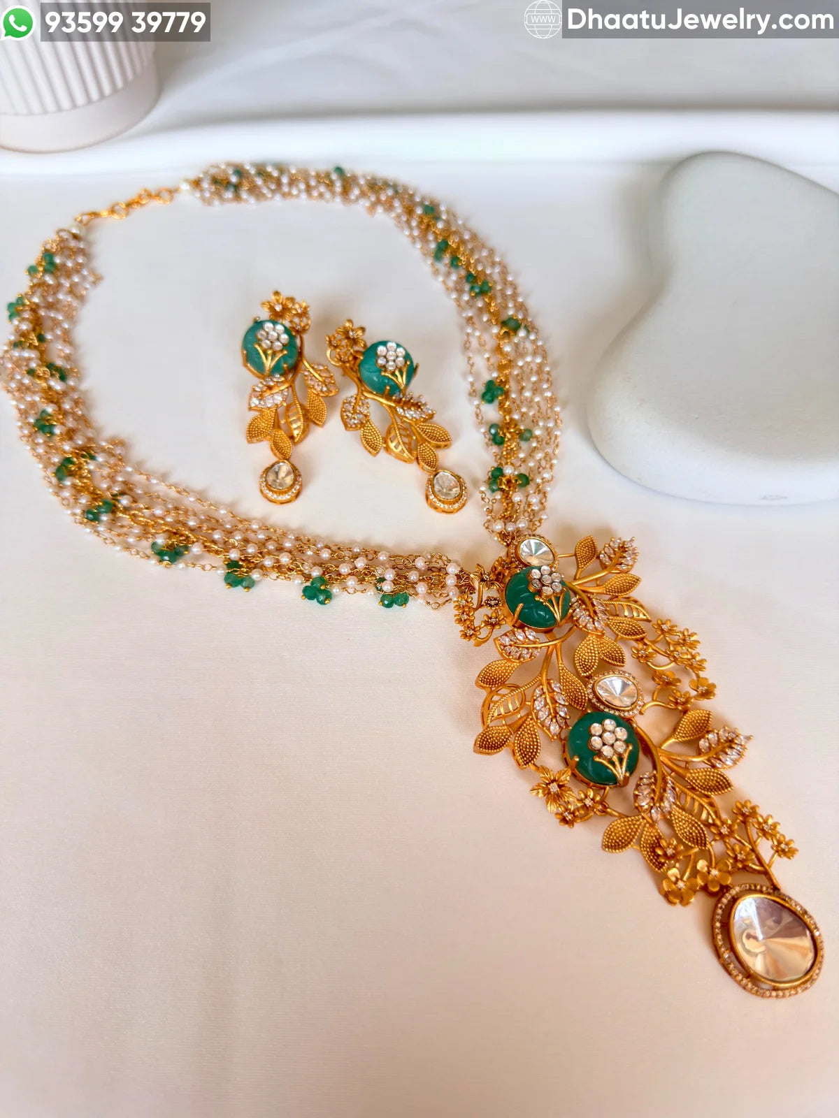 Gold-Finished Brass Floral Kundan & Pearl Layered Necklace Set with Matching Earrings