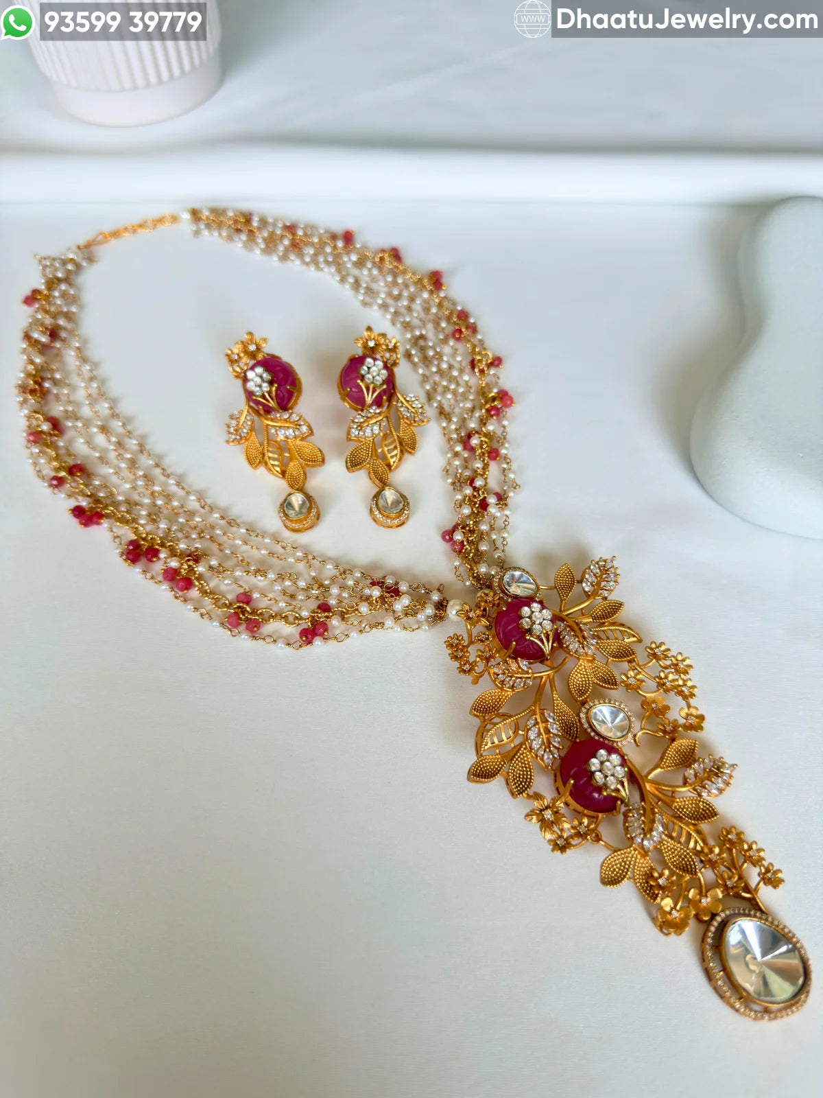 Gold-Finished Brass Floral Kundan & Pearl Layered Necklace Set with Matching Earrings