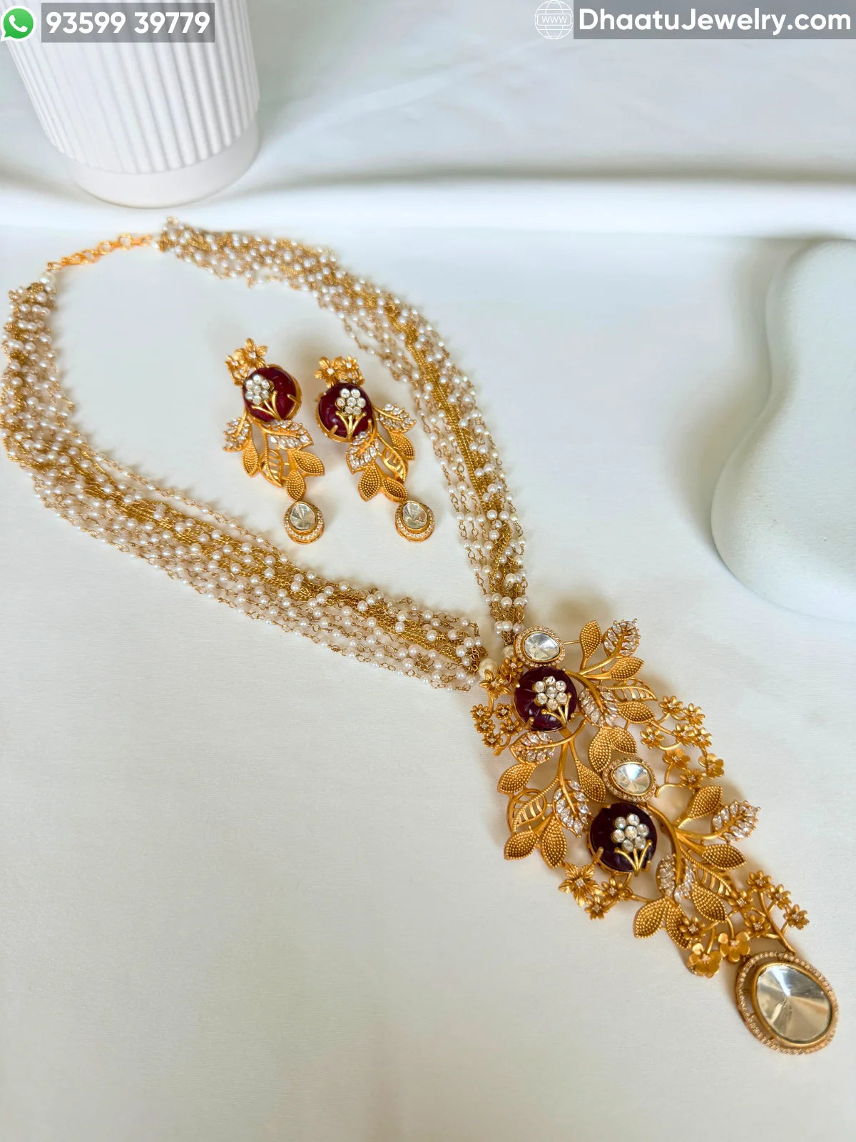 Gold-Finished Brass Floral Kundan & Pearl Layered Necklace Set with Matching Earrings