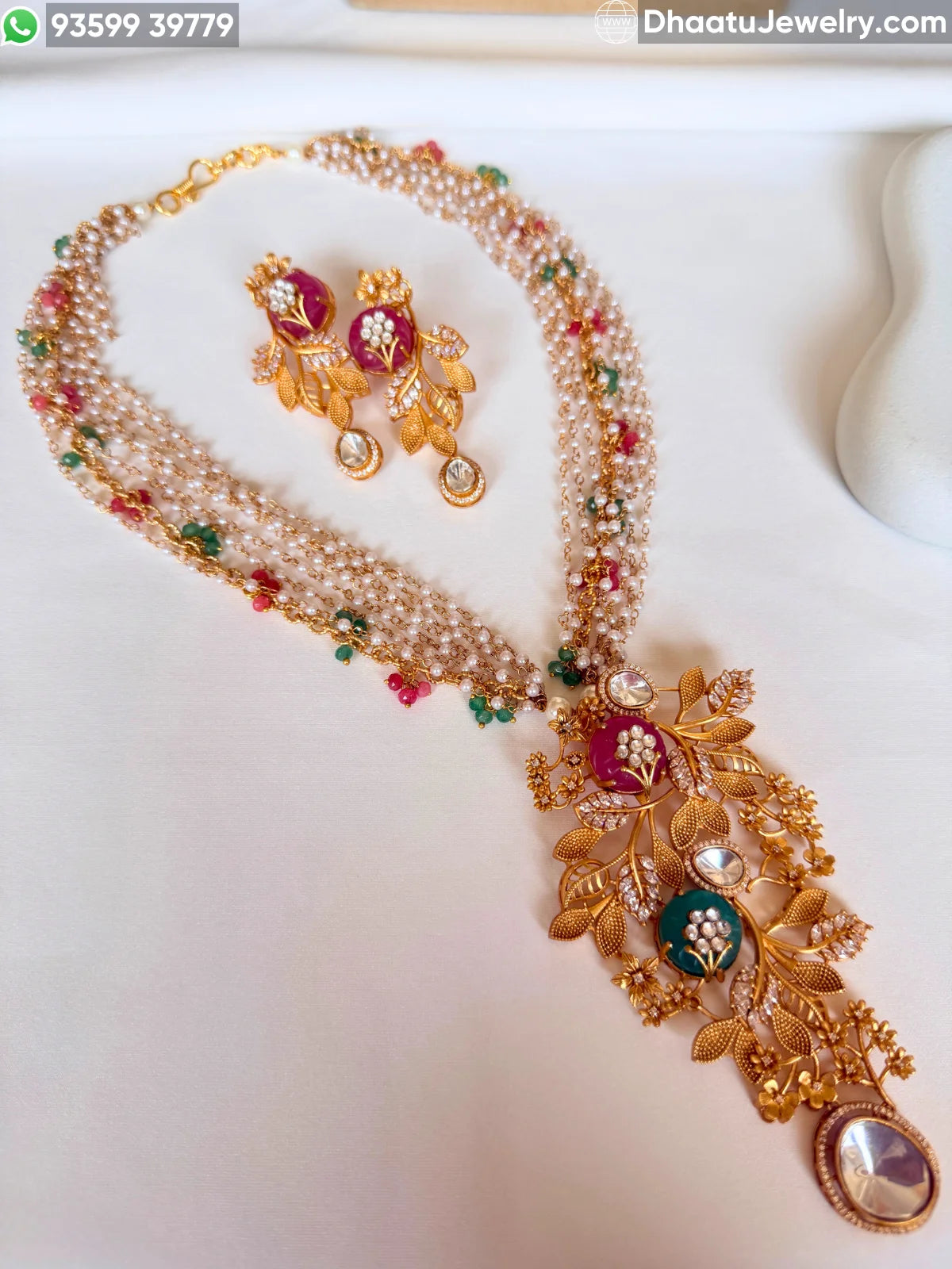 Gold-Finished Brass Floral Kundan & Pearl Layered Necklace Set with Matching Earrings