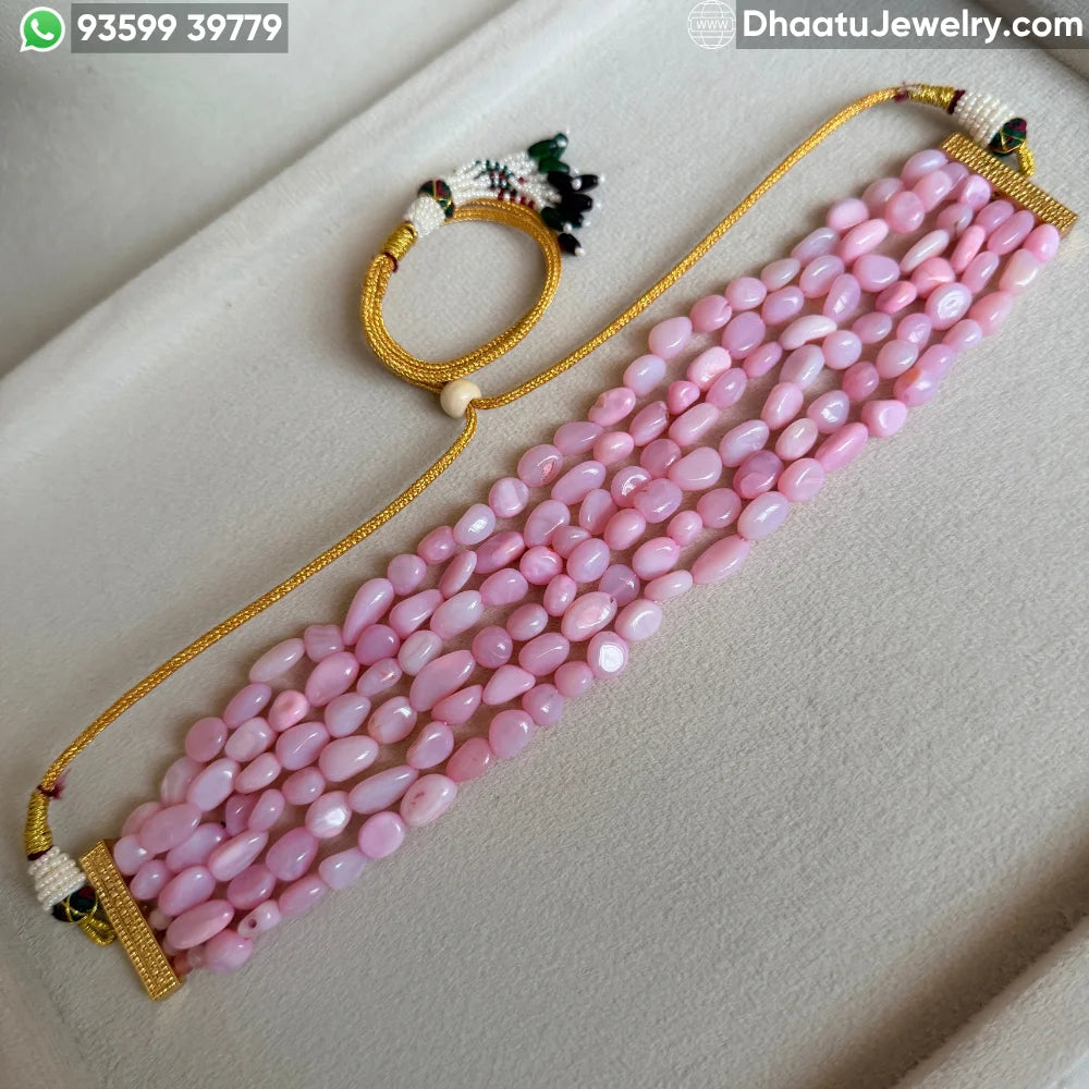Natural Pink Opal 6-Layer Beaded Choker Necklace - 4.5cm Wide Adjustable Statement Jewelry