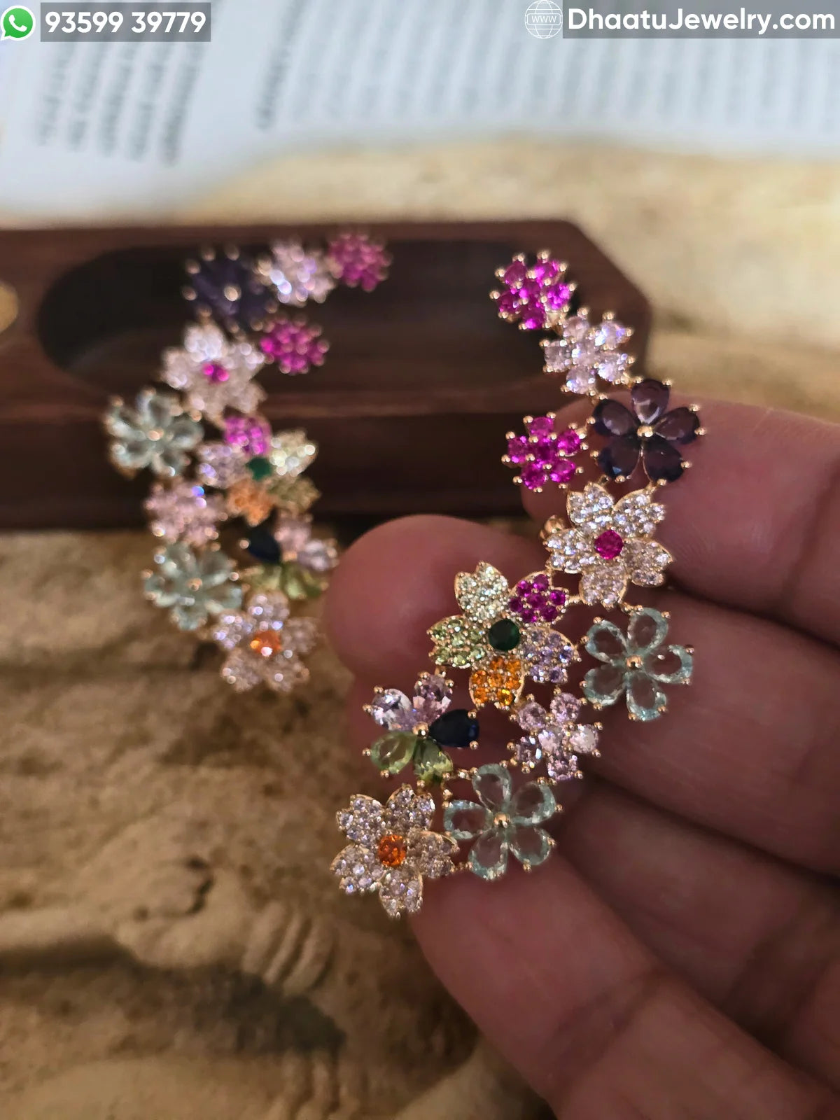 Premium Gold Plated Floral Ear Climber Cuff Earrings – Handcrafted Multicolored & Blue Stone Studded Botanical Crawlers with Secure Cartilage Clasp