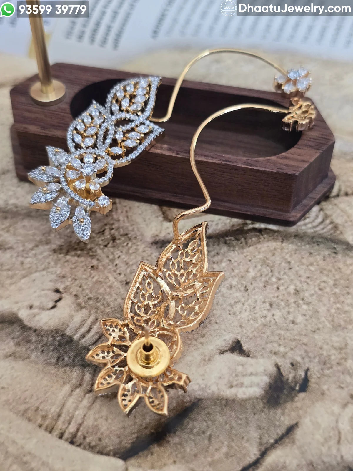 Gold Plated Premium Floral Leaf CZ Ear Cuff Earrings - Intricate American Diamond Wrap-Around Statement Jewelry for Weddings and Festive Wear