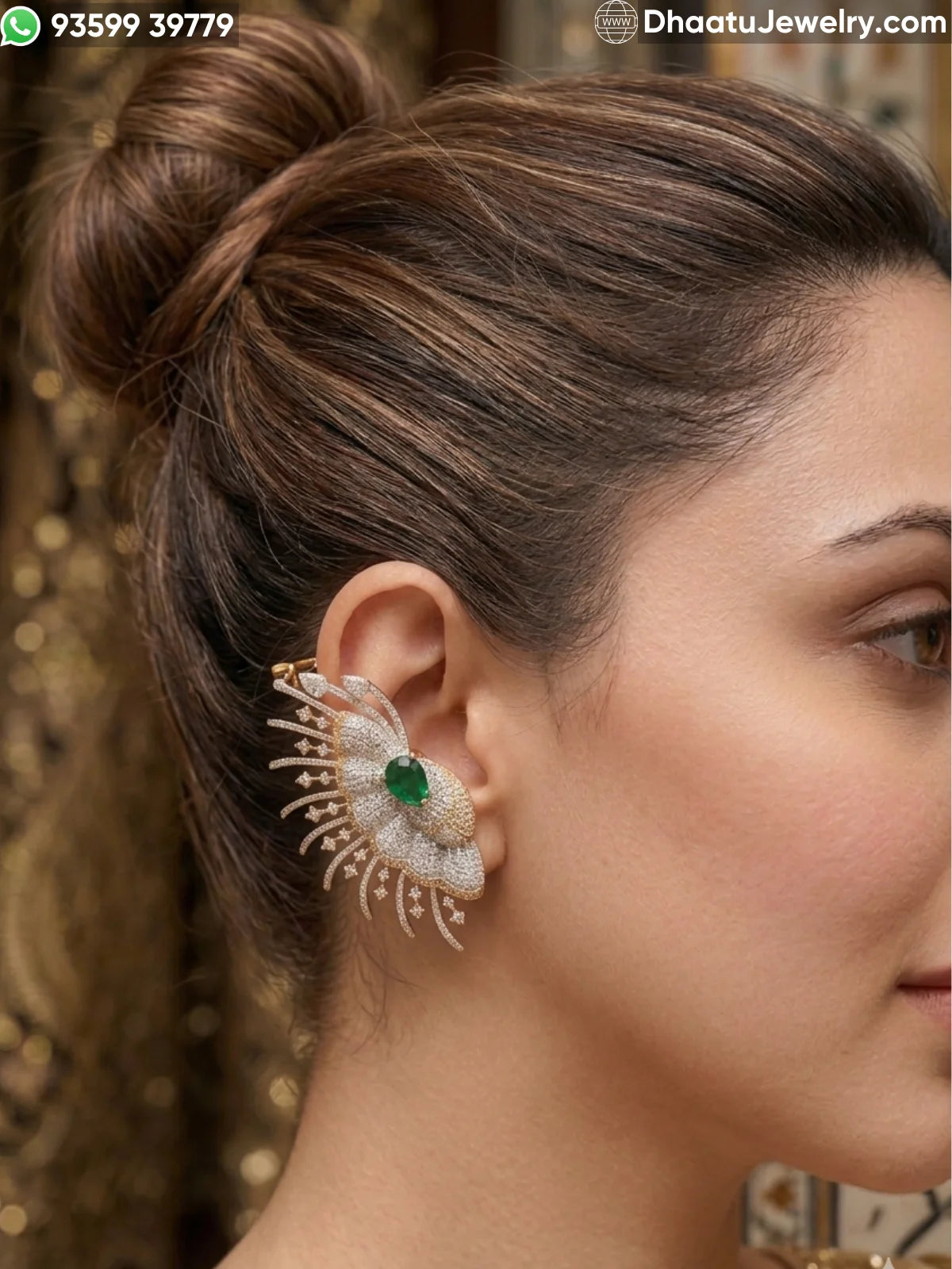 Premium Floral Gold-Plated CZ Statement Ear Cuff Earrings with Cartilage Clasp - Available in Emerald Green, Ruby Red, and Crystal White
