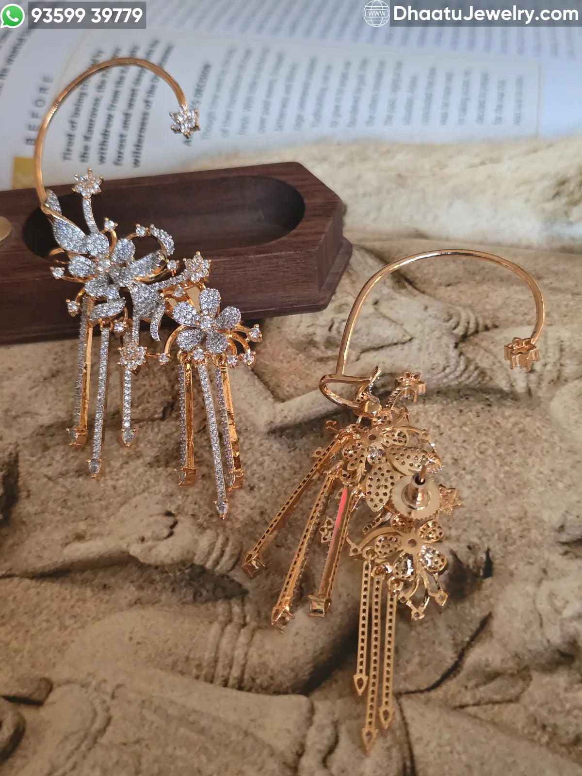 Gold Plated Floral Ear Cuff Earrings - Premium Zircon Studded Flower and Leaf Crawler with Hanging Stone Tassels