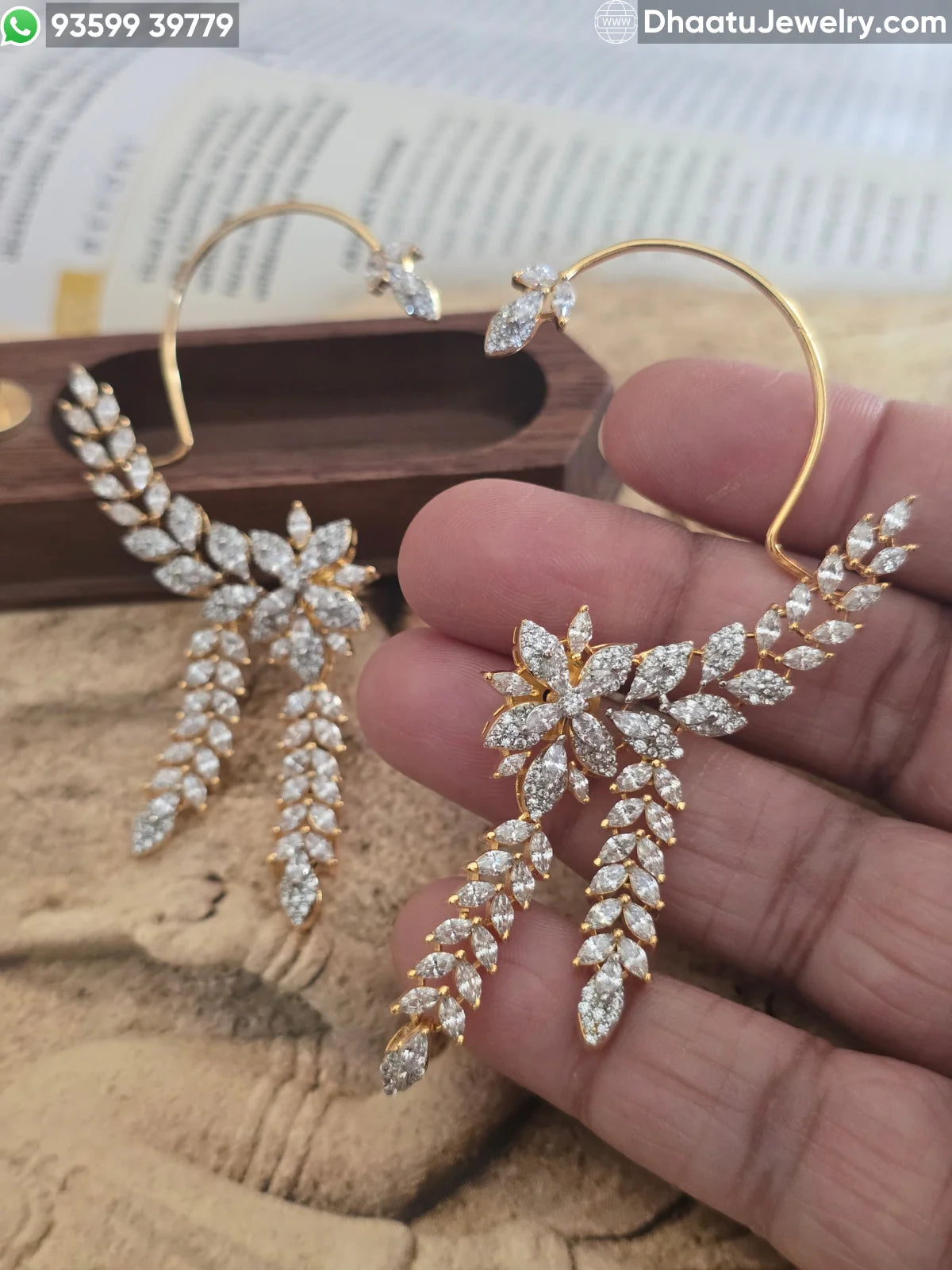Premium Gold Plated Marquise CZ Floral Ear Cuff Earrings - Full Ear Wrap Jewelry with Dangling Leaf Drops
