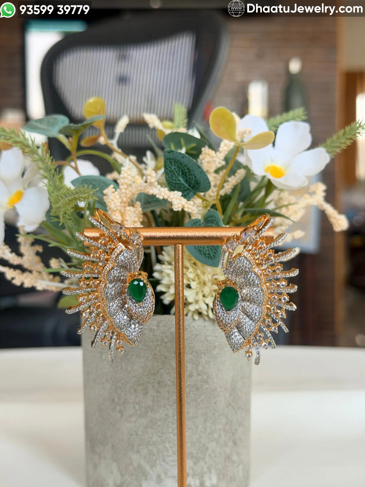 Premium Floral Gold-Plated CZ Statement Ear Cuff Earrings with Cartilage Clasp - Available in Emerald Green, Ruby Red, and Crystal White