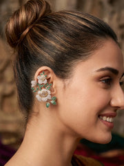 Premium Gold-Plated Intricate Floral Ear Cuff Crawler Earrings – Studded Bloom Design in Emerald Green & Diamond White Variants
