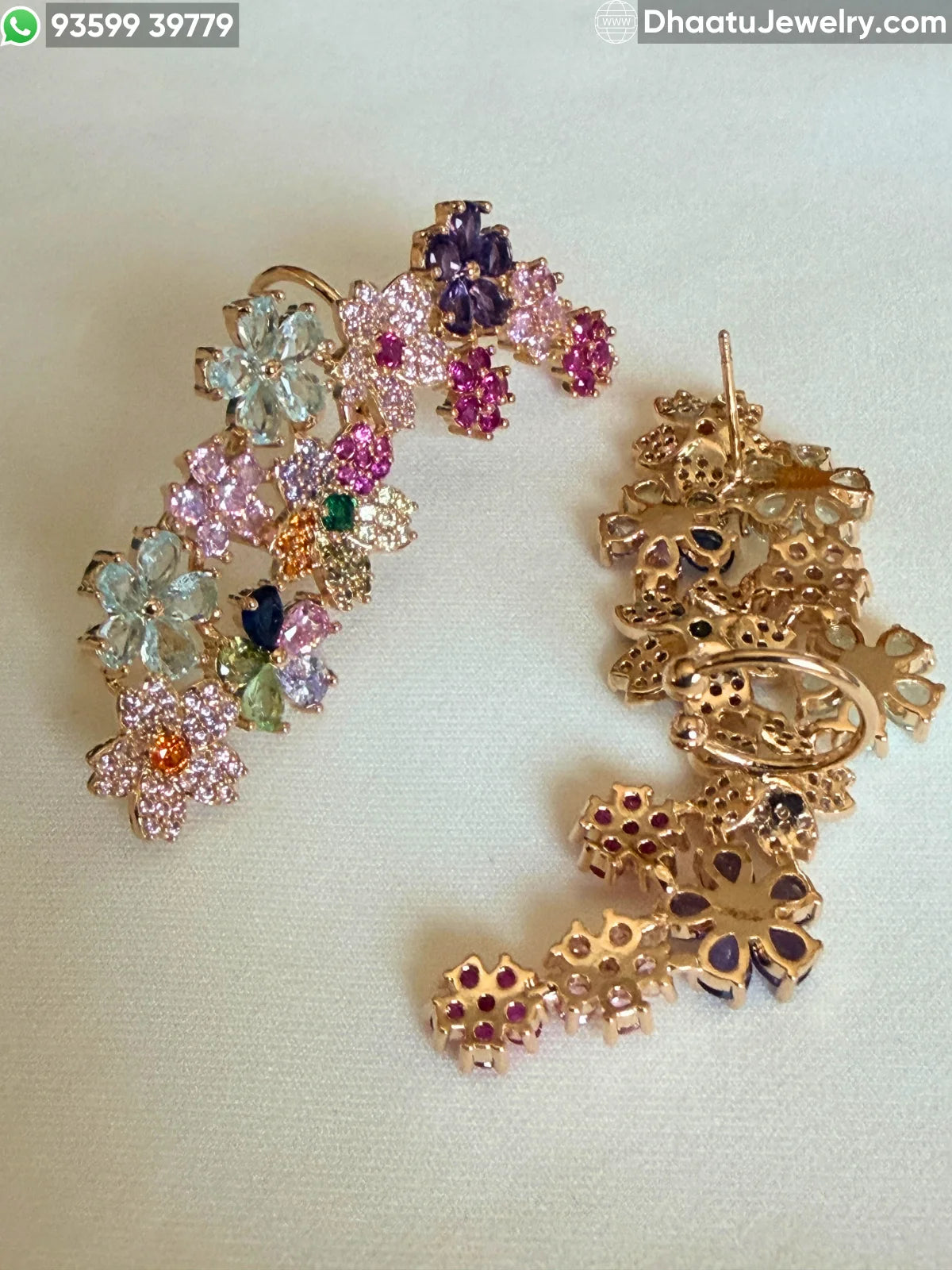 Premium Gold Plated Floral Ear Climber Cuff Earrings – Handcrafted Multicolored & Blue Stone Studded Botanical Crawlers with Secure Cartilage Clasp