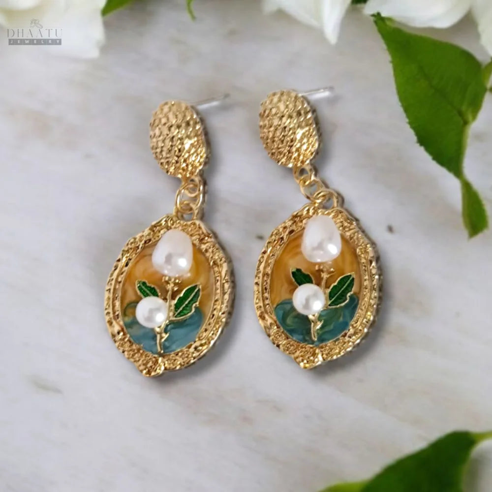 Vintage Floral Drop Earrings with Pearl Accents