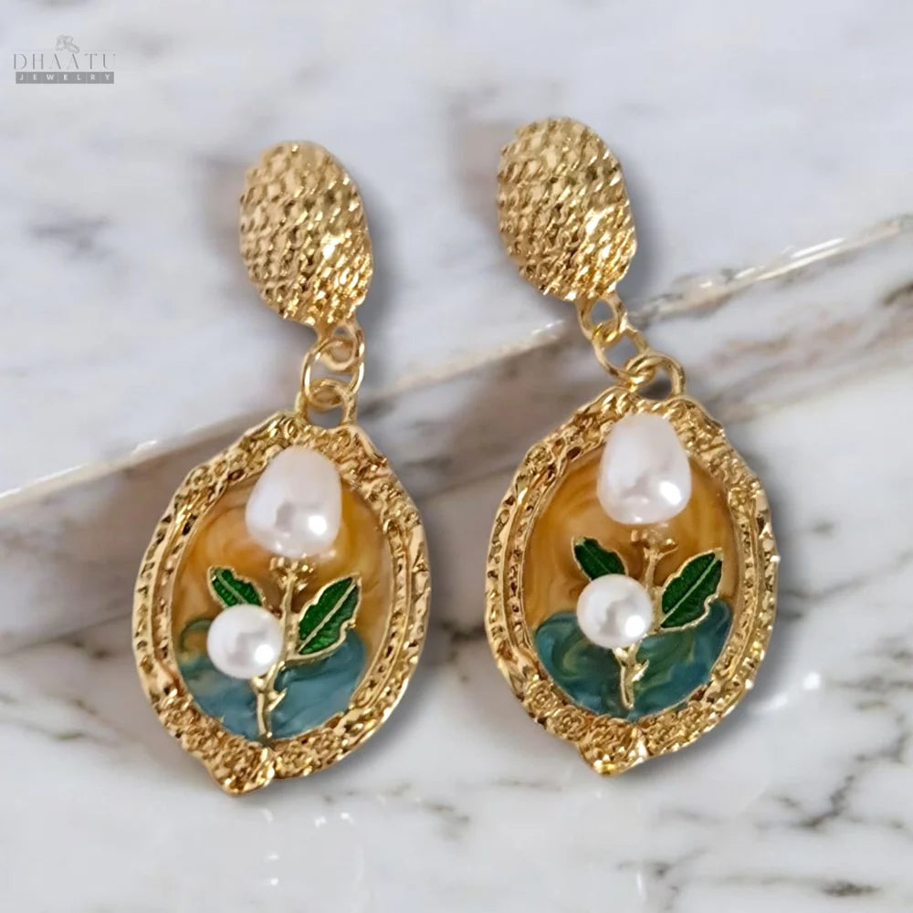 Vintage Floral Drop Earrings with Pearl Accents