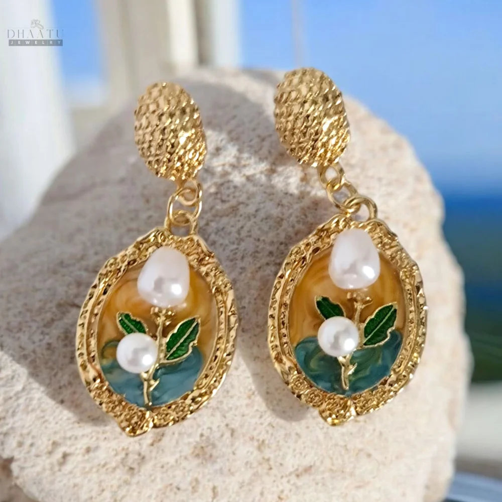 Vintage Floral Drop Earrings with Pearl Accents