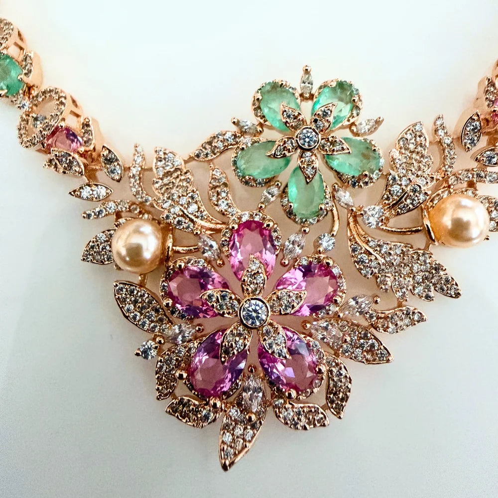 Gulnaar Floral Rose Gold Necklace Set with Pink & Mint Stones and Pearls