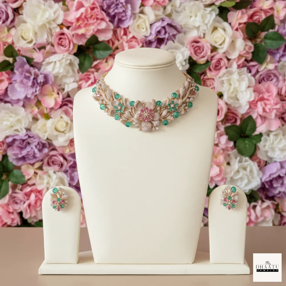 Gulnaar Floral Rose Gold Choker Set with Emerald Beads and Pink Stone Detailing