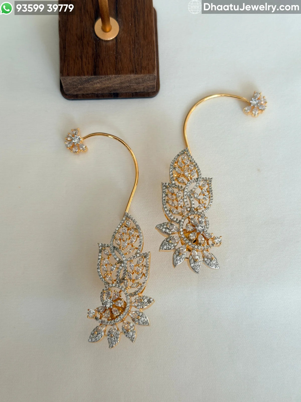 Gold Plated Premium Floral Leaf CZ Ear Cuff Earrings - Intricate American Diamond Wrap-Around Statement Jewelry for Weddings and Festive Wear