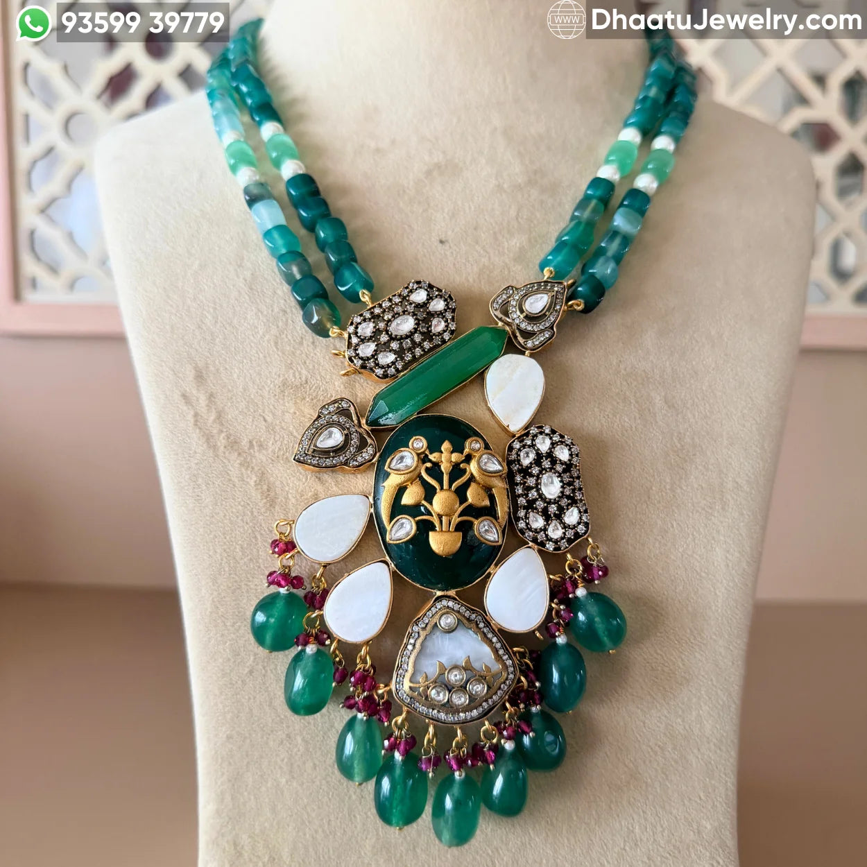 Premium Jade & Moissanite Fusion Necklace Set with Fluorite and Mother of Pearl