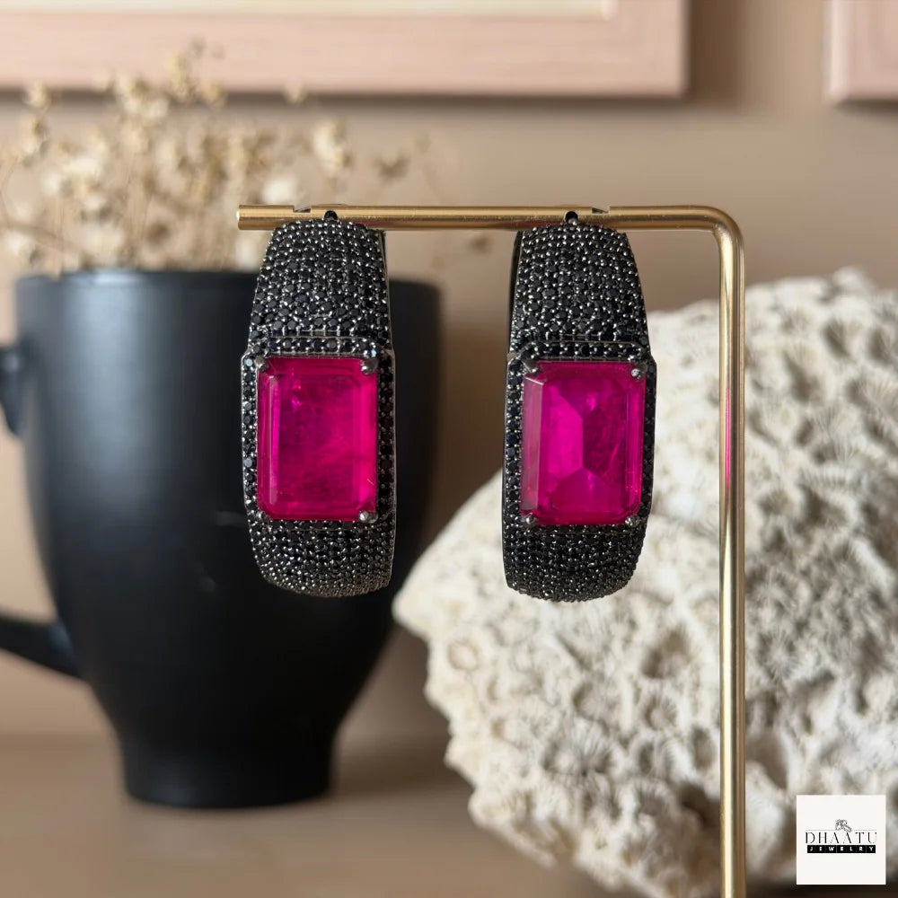 Midnight Fuchsia: Emerald-Cut Pink Crystal & Black Pavé Wide Huggie Hoop Earrings (Gunmetal Finish)