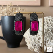 Midnight Fuchsia: Emerald-Cut Pink Crystal & Black Pavé Wide Huggie Hoop Earrings (Gunmetal Finish)