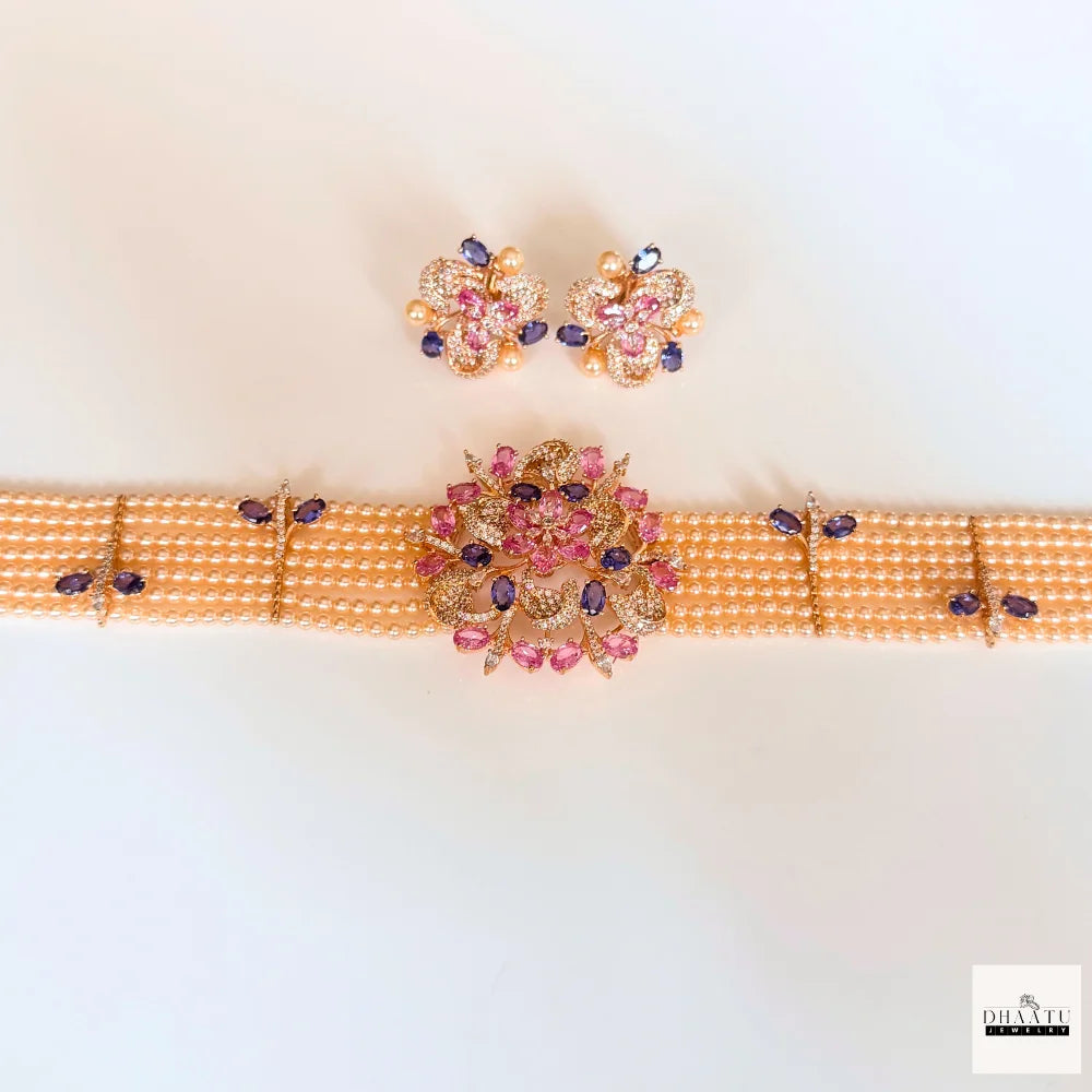 Rose Gold Floral Pearl Choker Set with Pink & Violet CZ Stones