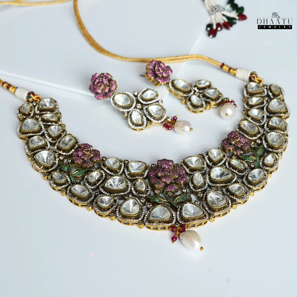 Kundan Necklace Set with CZ Stone Floral Motifs | Traditional Indian Bridal Jewelry