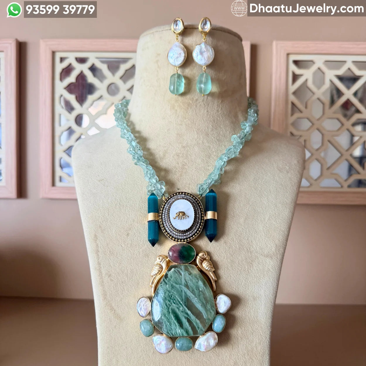 Handcrafted Fusion Statement Necklace Set with Elephant Motif, Emerald-Green Stones, and Baroque Pearls
