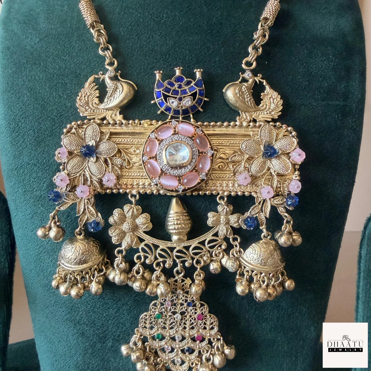 Antique Gold-Tone Peacock & Floral Fusion Necklace Set with Meenakari and Jhumka Details