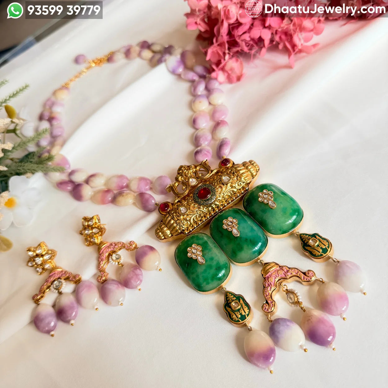 Handcrafted Jadau Fusion Necklace Set with Lavender Beads and Emerald Green Stones