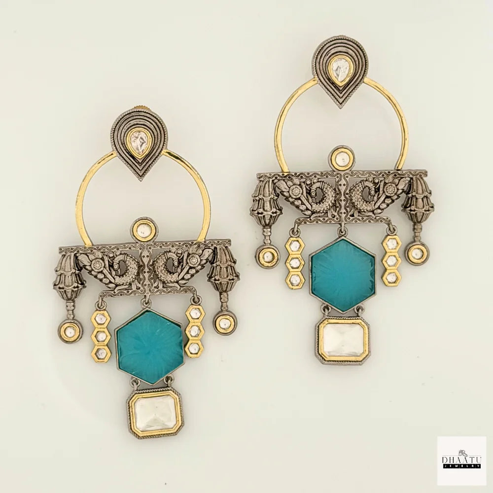 Kundan Polki & Carved Stone Oxidized Fusion Drop Earrings