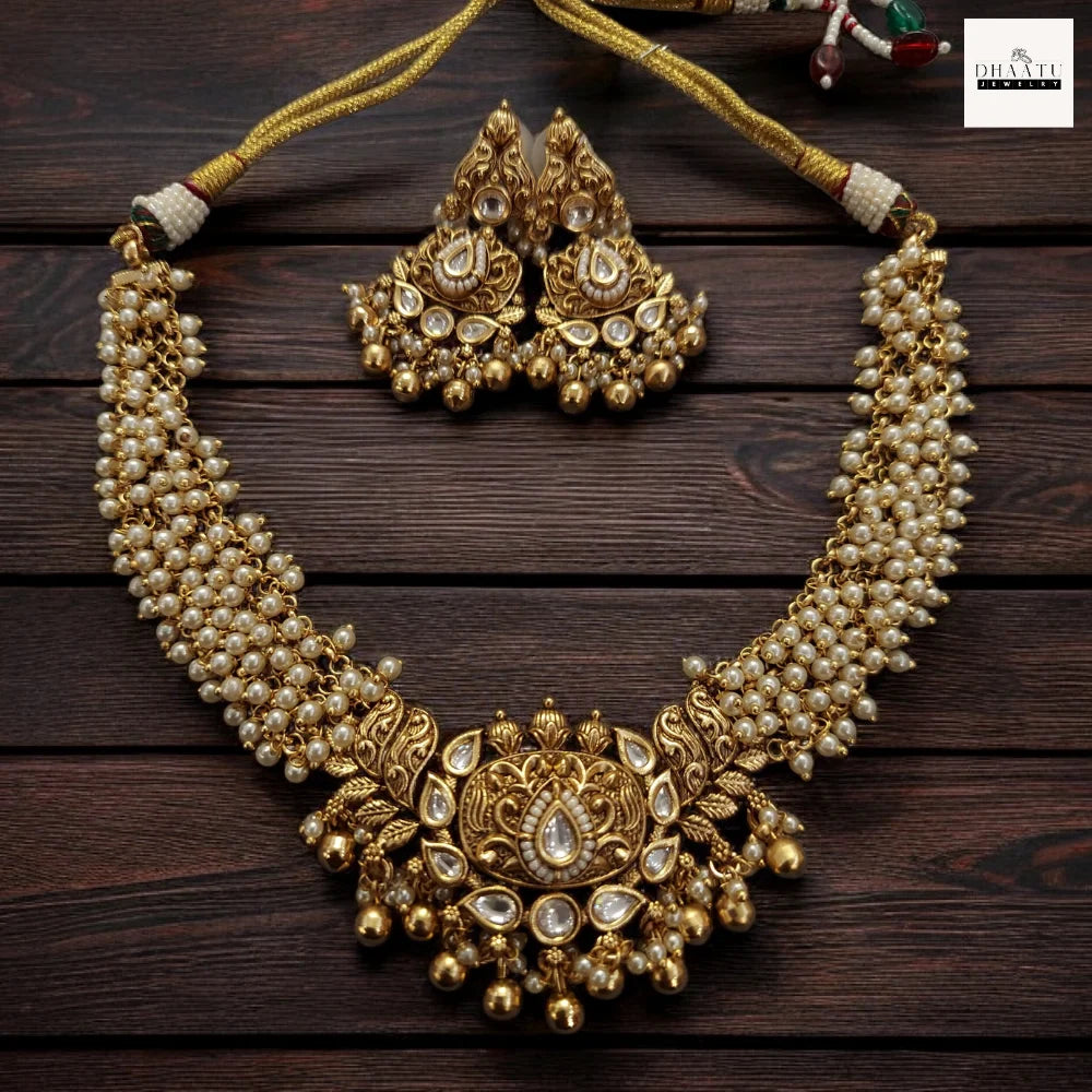 Antique Gold-Plated Guttapusalu Choker Set with Pearls and Kundan Accents