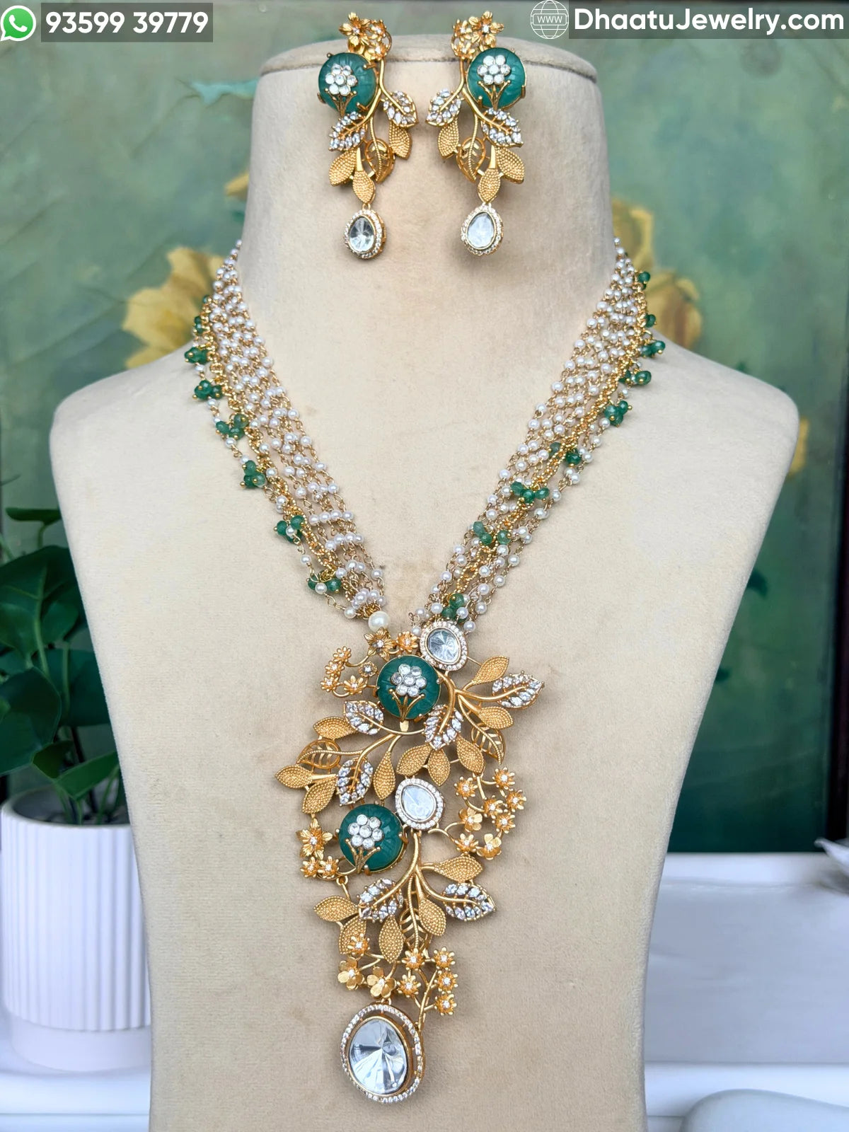 Gold-Finished Brass Floral Kundan & Pearl Layered Necklace Set with Matching Earrings