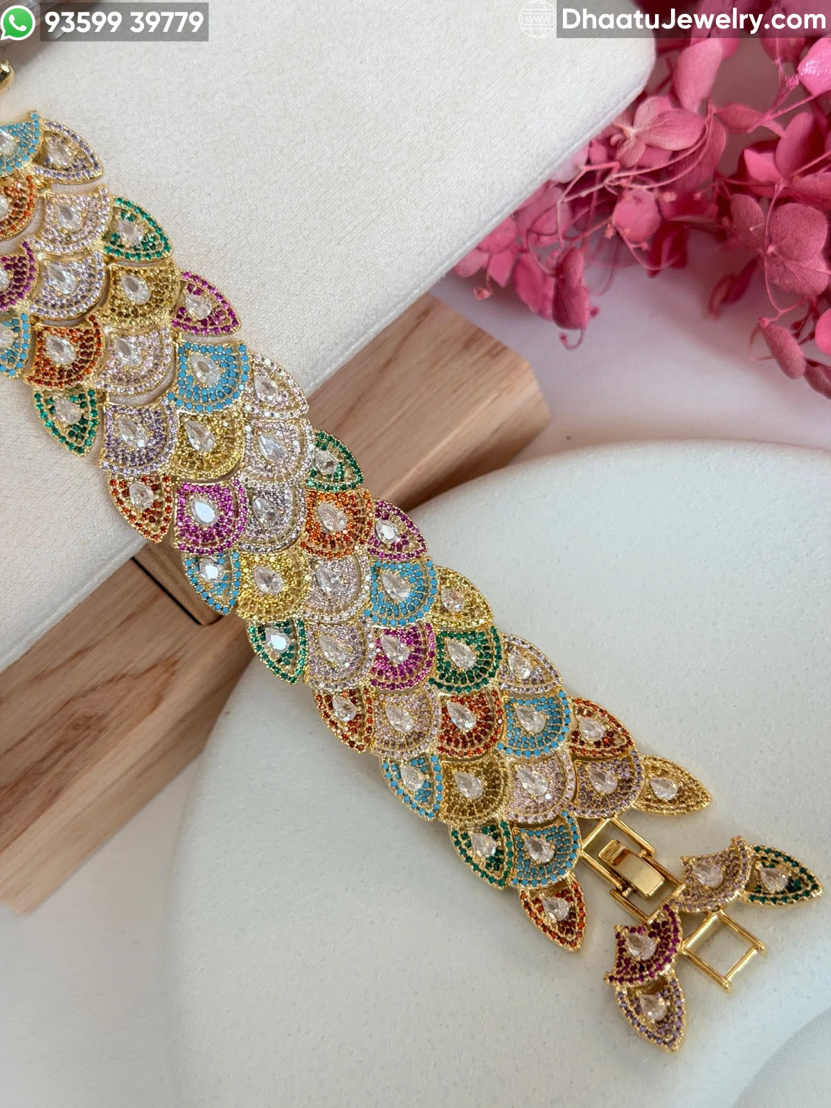 Multicolor Scalloped Peacock Tail Bracelet in Gold & Black Rhodium Finish - 18cm to 21cm Extendable Cubic Zirconia Statement Jewelry