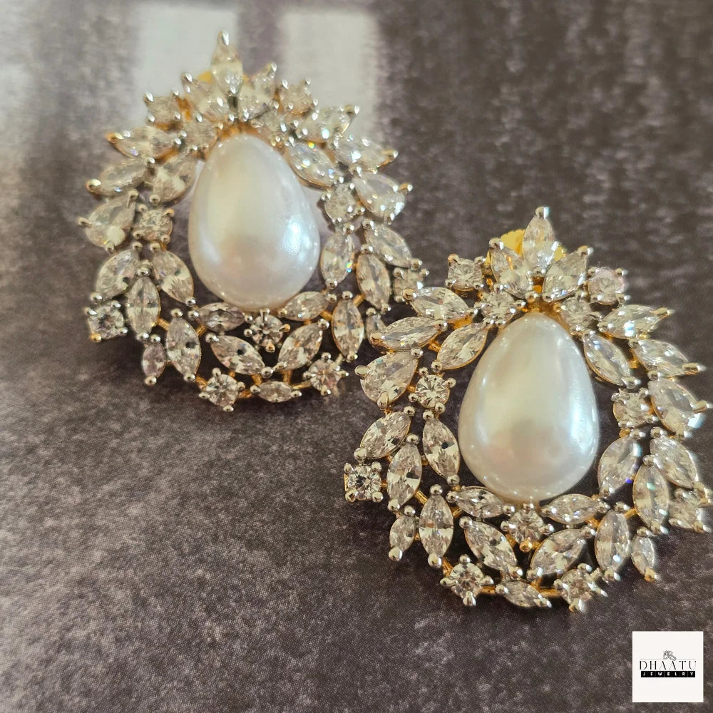 Lustrous Teardrop Pearl & American Diamond (AD) Halo Stud Earrings (Available in Gold & Silver)