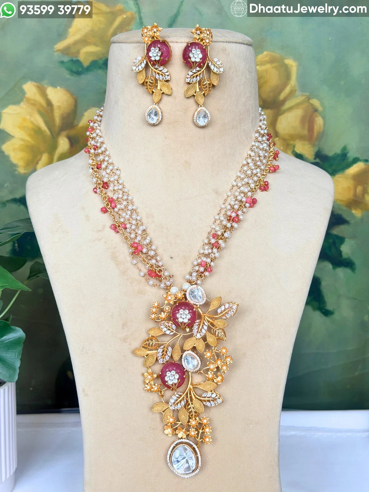 Gold-Finished Brass Floral Kundan & Pearl Layered Necklace Set with Matching Earrings