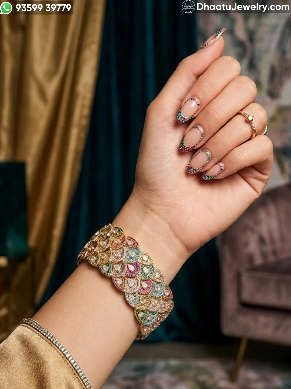 Multicolor Scalloped Peacock Tail Bracelet in Gold & Black Rhodium Finish - 18cm to 21cm Extendable Cubic Zirconia Statement Jewelry