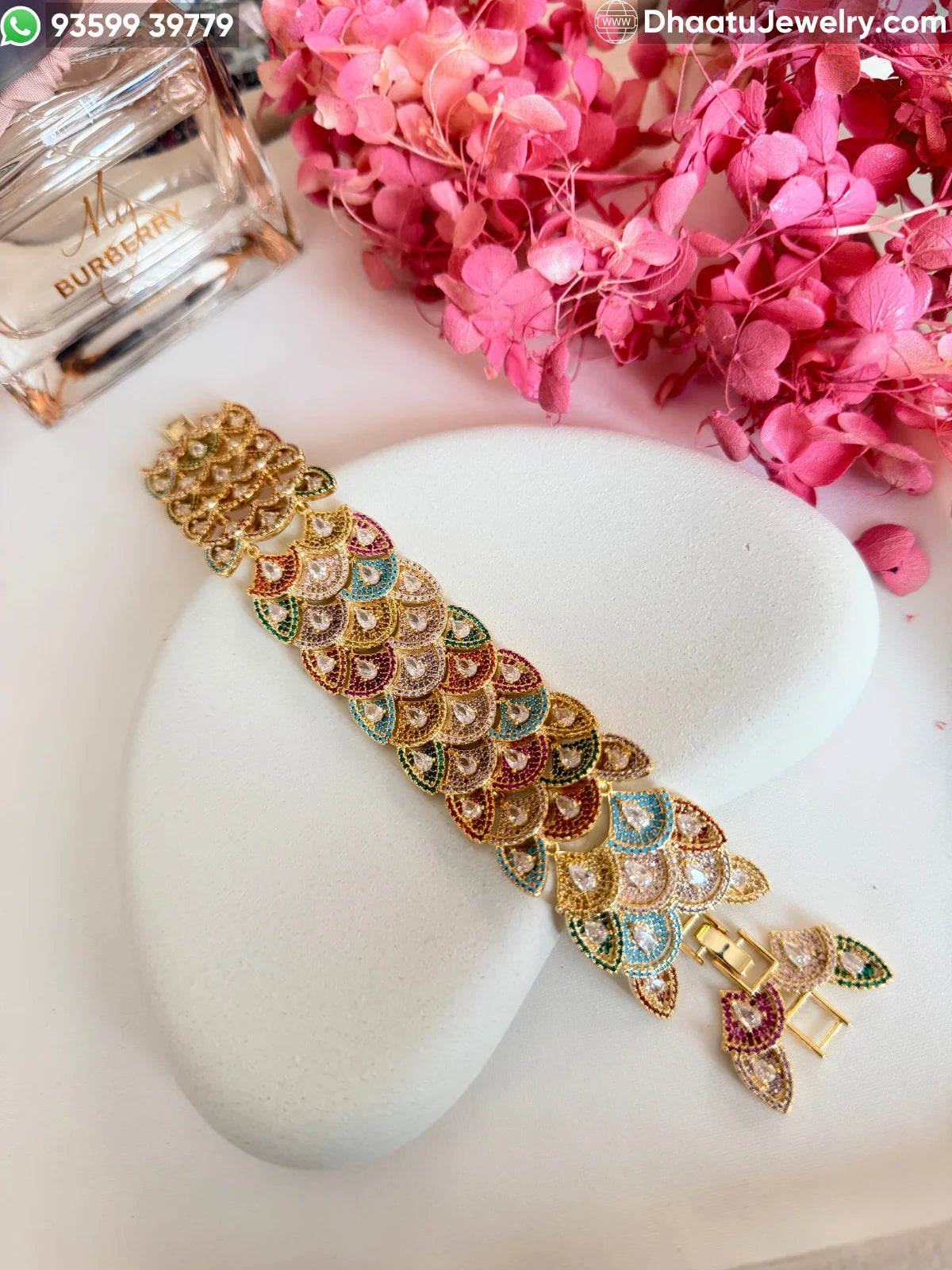 Multicolor Scalloped Peacock Tail Bracelet in Gold & Black Rhodium Finish - 18cm to 21cm Extendable Cubic Zirconia Statement Jewelry