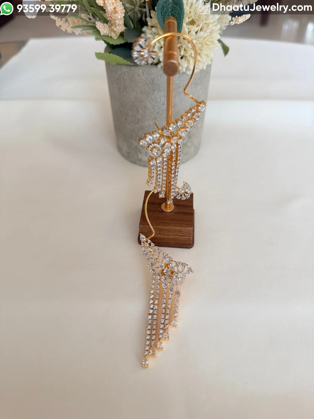 Premium Gold-Plated Floral Ear Cuff Earrings with Crystal Tassel Fringe – AAA+ Cubic Zirconia Statement Wrap Earrings for Weddings & Red Carpet Events