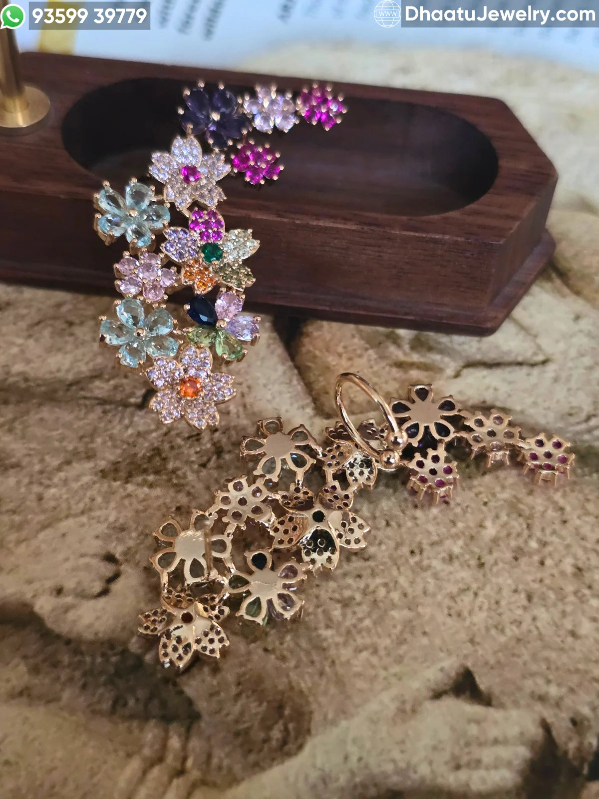 Premium Gold Plated Floral Ear Climber Cuff Earrings – Handcrafted Multicolored & Blue Stone Studded Botanical Crawlers with Secure Cartilage Clasp