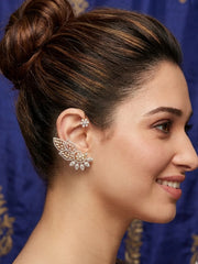 Gold Plated Premium Floral Leaf CZ Ear Cuff Earrings - Intricate American Diamond Wrap-Around Statement Jewelry for Weddings and Festive Wear