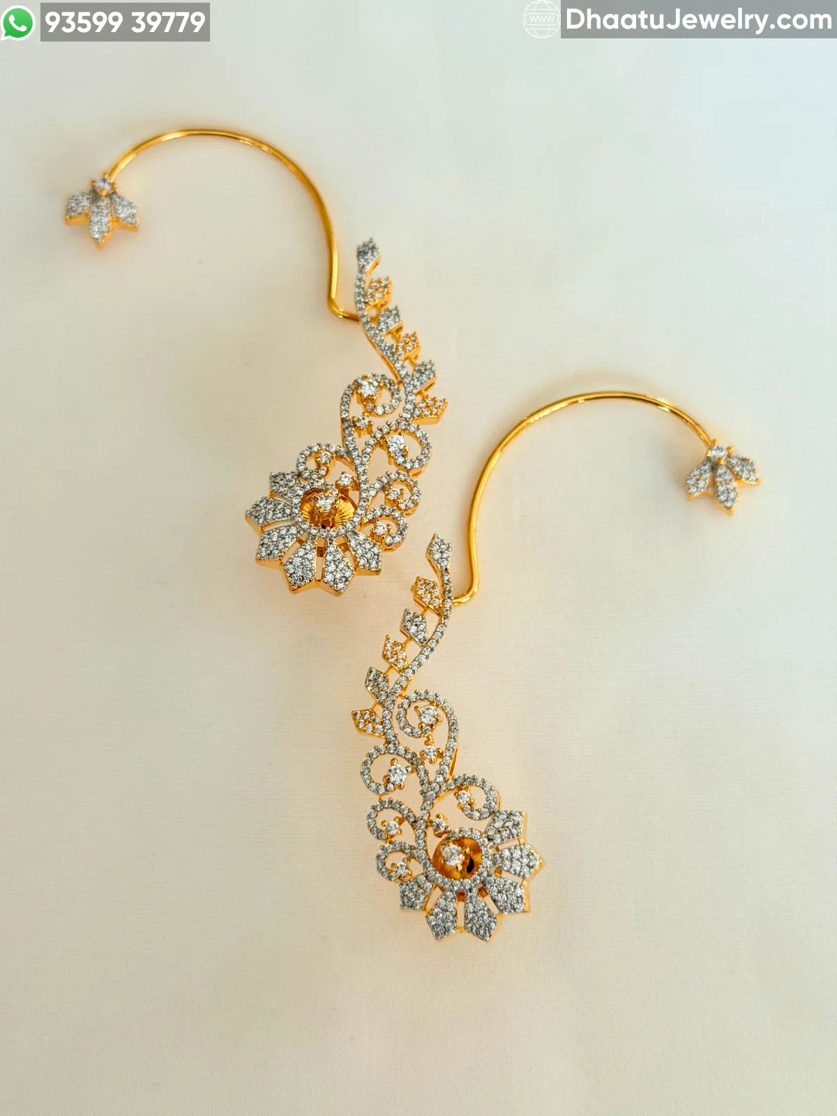 Premium Gold Plated Floral Ear Cuff Earrings with CZ Stones – Intricate Vine Ear Wrap Jewelry for Weddings and Festive Occasions